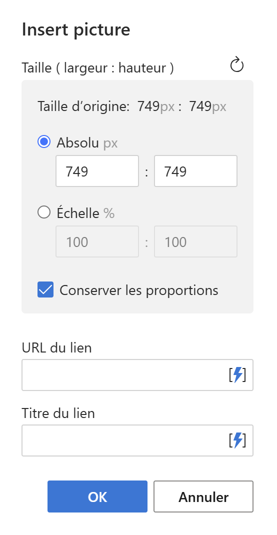 Définir la taille de l’image et, si vous le souhaitez, la rendre cliquable.