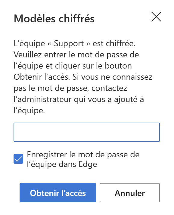 Rejoindre une équipe chiffrée en saisissant le mot de passe de l'équipe.