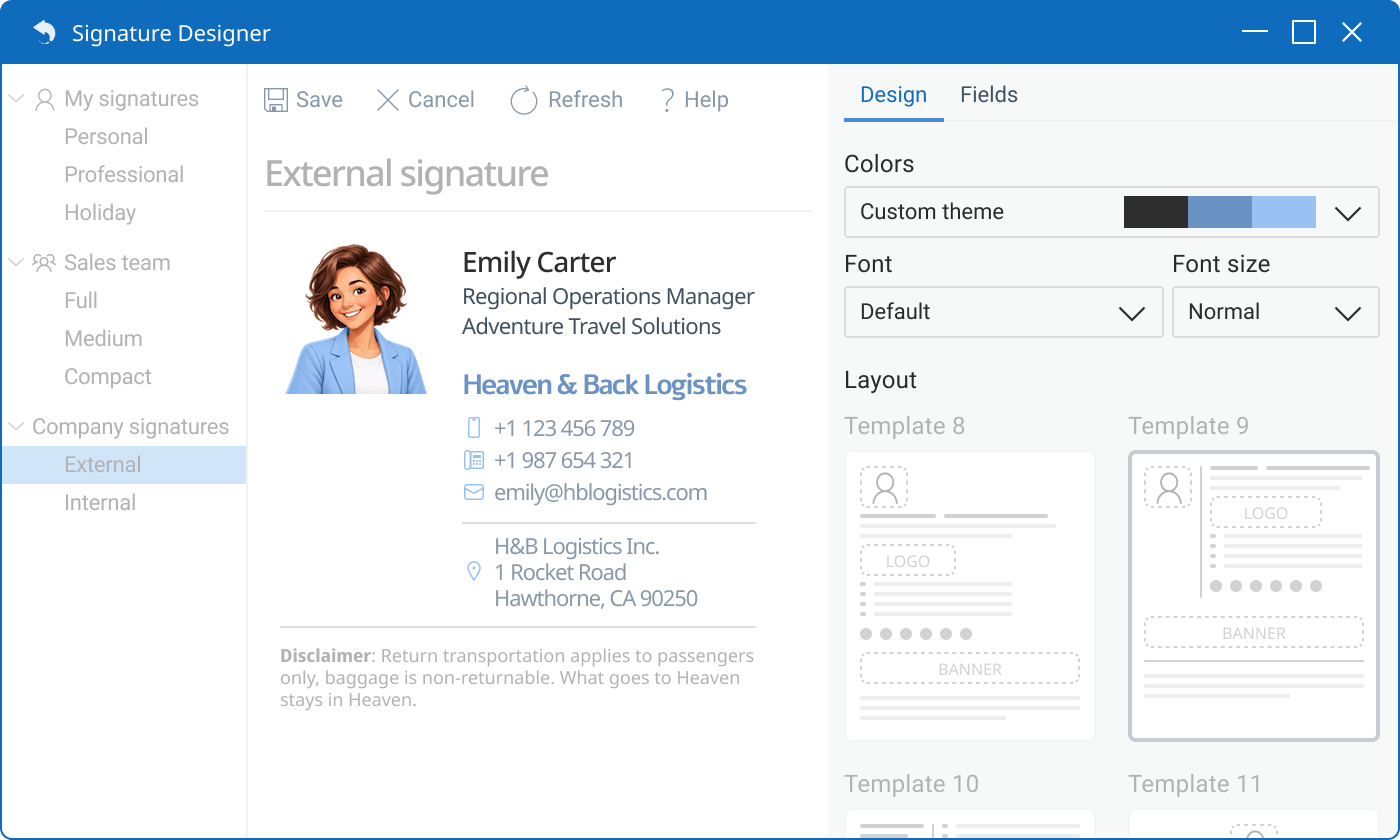 Erstellen Sie aus einer Vorlage eine professionell gestaltete Outlook-Signatur.