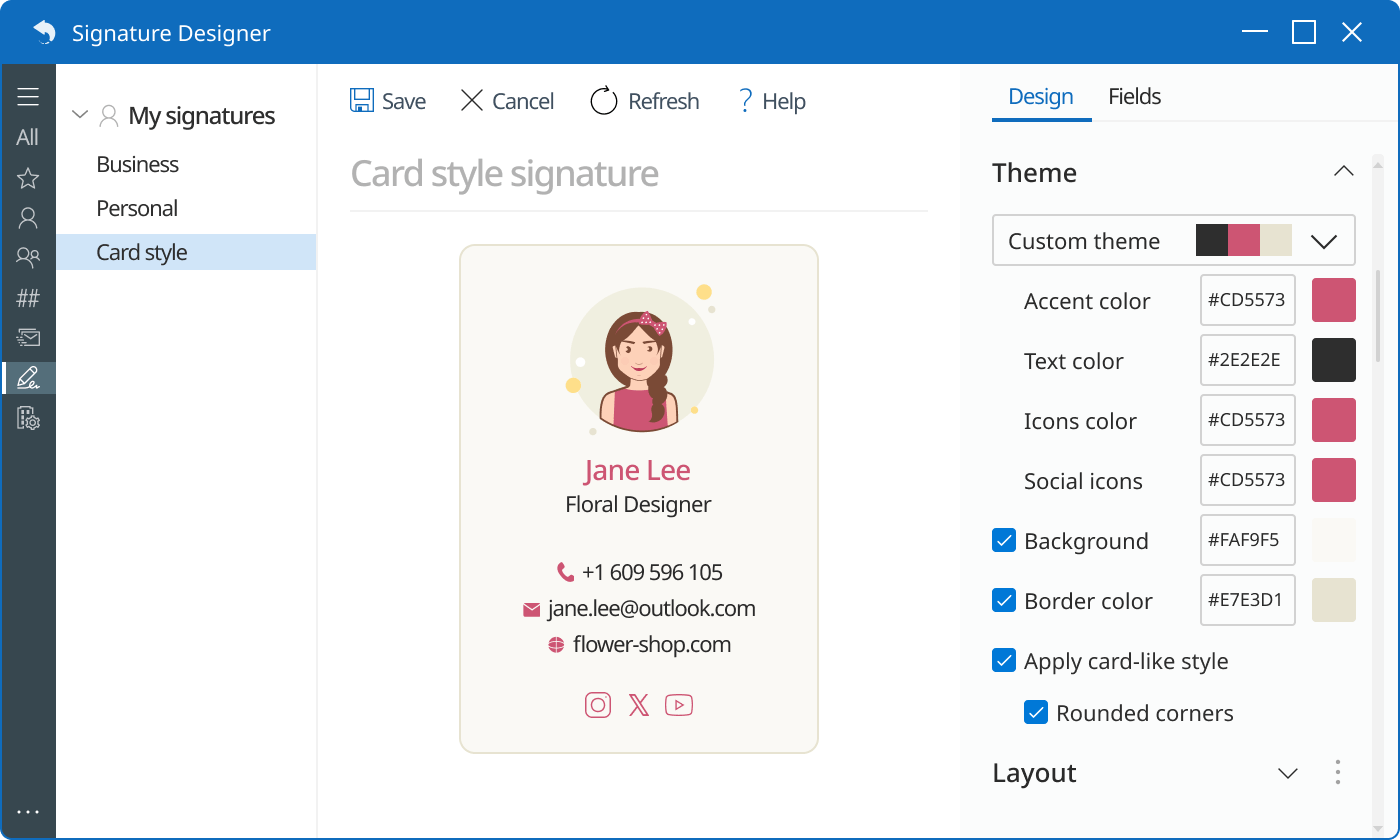 Personal signature with a card-like style applied Personal signature with a card-like style applied
