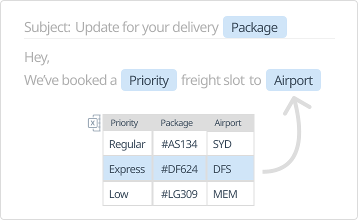 Pull data from Excel tables directly into email templates.