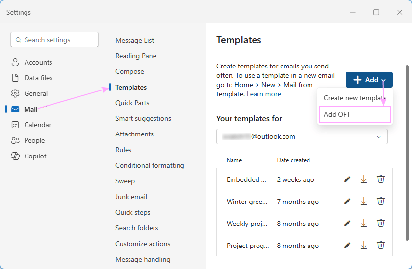 Add an OFT template to new Outlook. Add an OFT template to new Outlook.