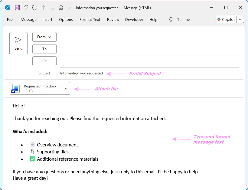 A draft email is ready to be saved as an Outlook template. A draft email is ready to be saved as an Outlook template.