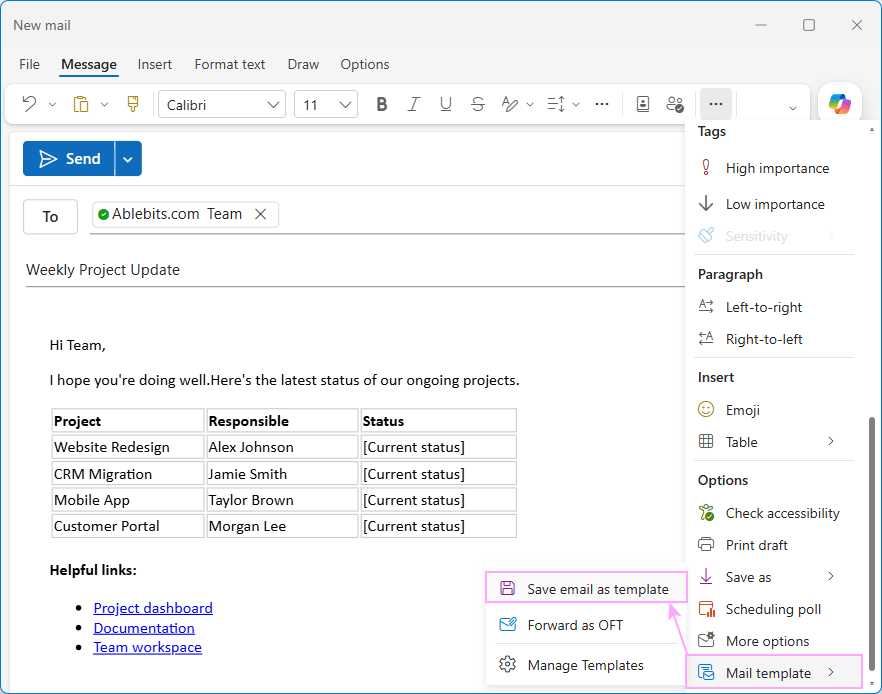Create a full-featured email template in new Outlook. Create a full-featured email template in new Outlook.