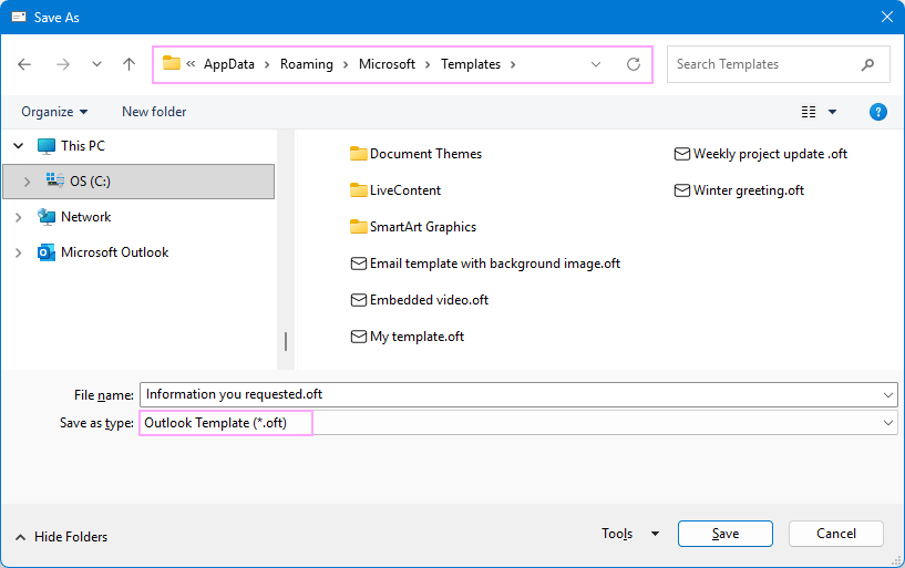 Save an email as an Outlook Template (.oft). Save an email as an Outlook Template (.oft).