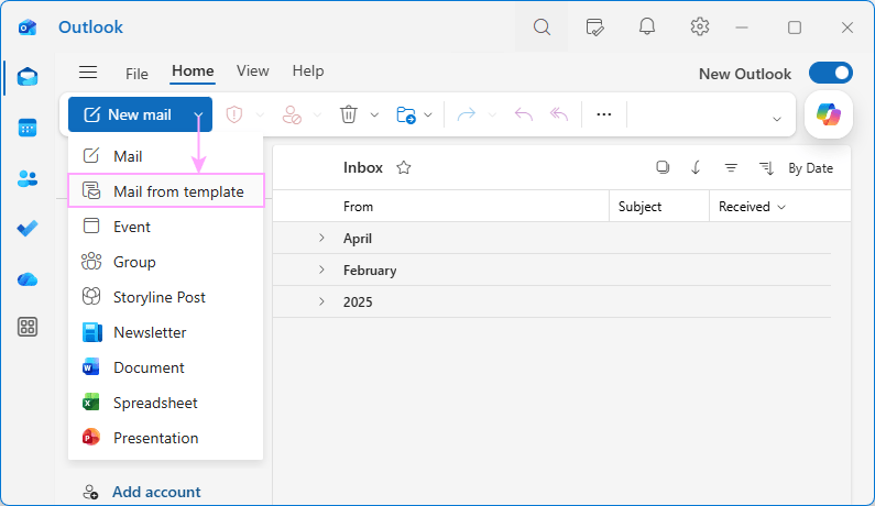 Create an Outlook email from template.