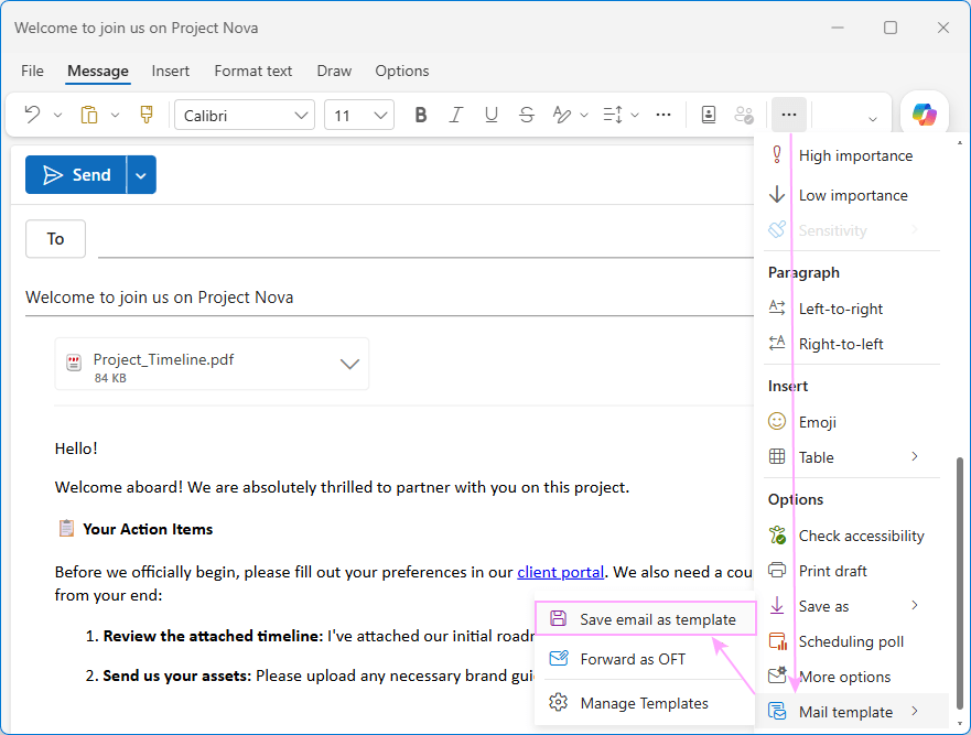 Create a full-featured email template in new Outlook.
