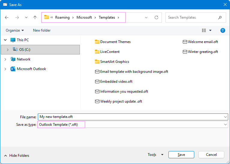 Create an OFT email template in Outlook.