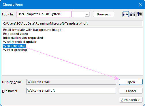 Use an OFT email template in classic Outlook.