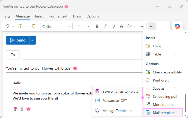 Full-featured email template in new Outlook.