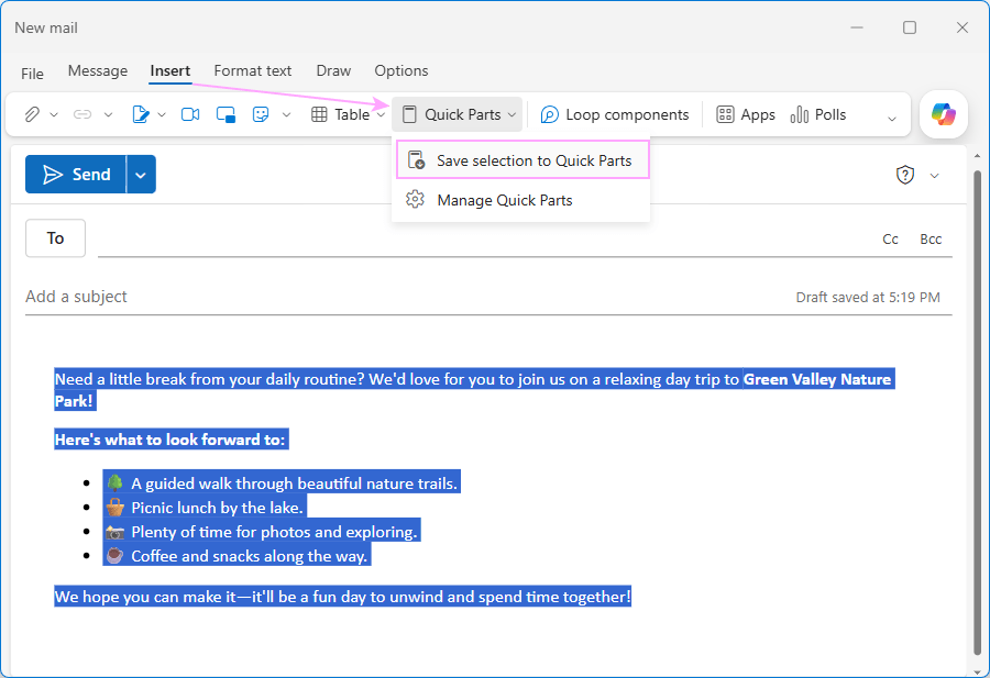 Adding a Quick Part in new Outlook Adding a Quick Part in new Outlook
