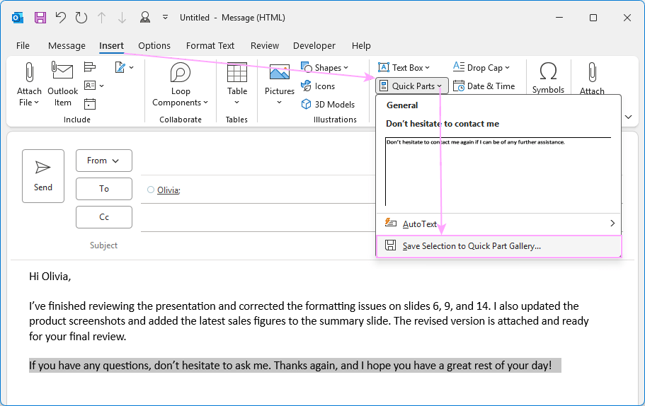 Creating a Quick Part in classic Outlook Creating a Quick Part in classic Outlook
