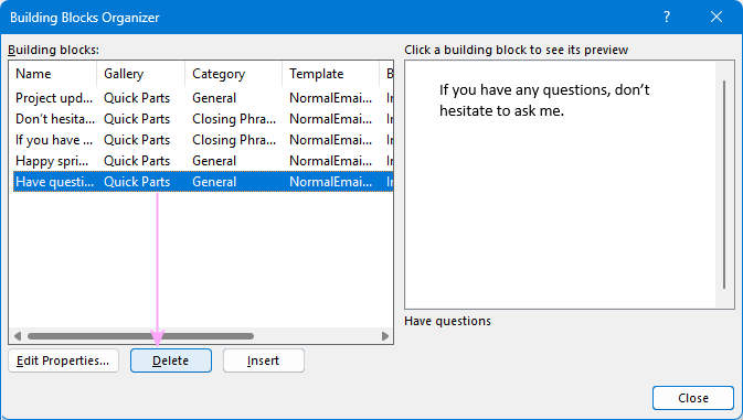 Deleting a Quick Part in classic Outlook Deleting a Quick Part in classic Outlook