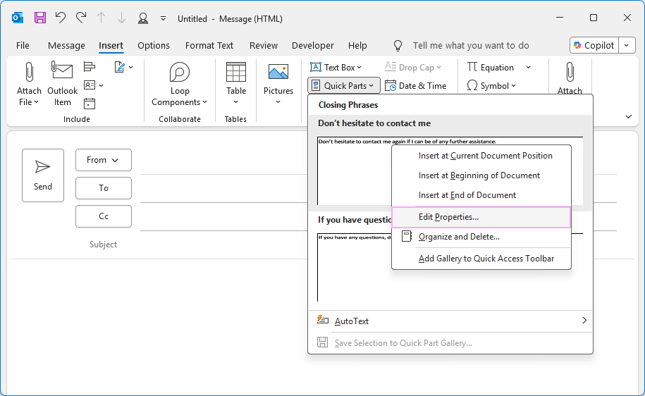 Editing the Quick Part properties in classic Outlook Editing the Quick Part properties in classic Outlook