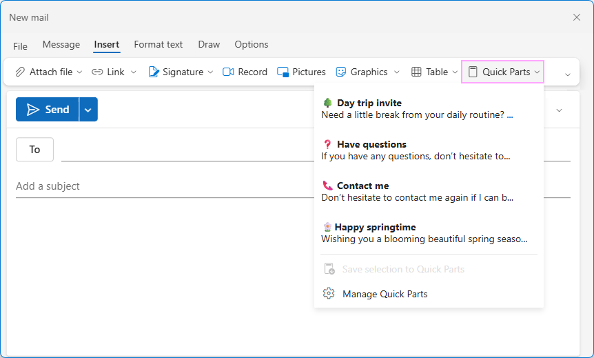 Quick Parts in new Outlook Quick Parts in new Outlook