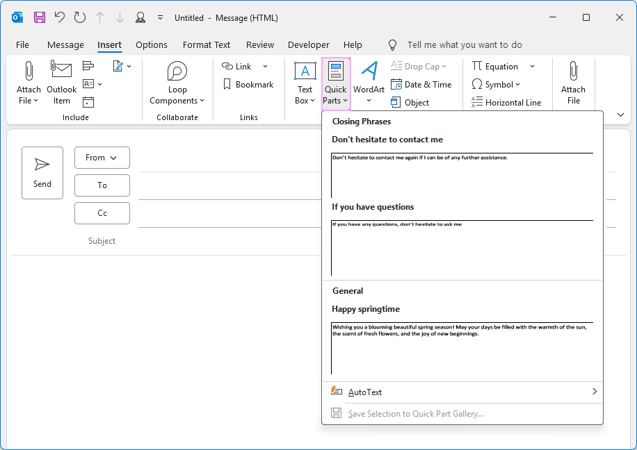 Quick Parts in Outlook 365 Quick Parts in Outlook 365