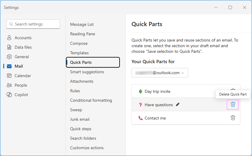 Removing a Quick Part in new Outlook Removing a Quick Part in new Outlook