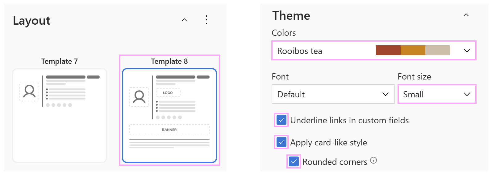 Using a built-in color theme with a card-style layout for the team signature.