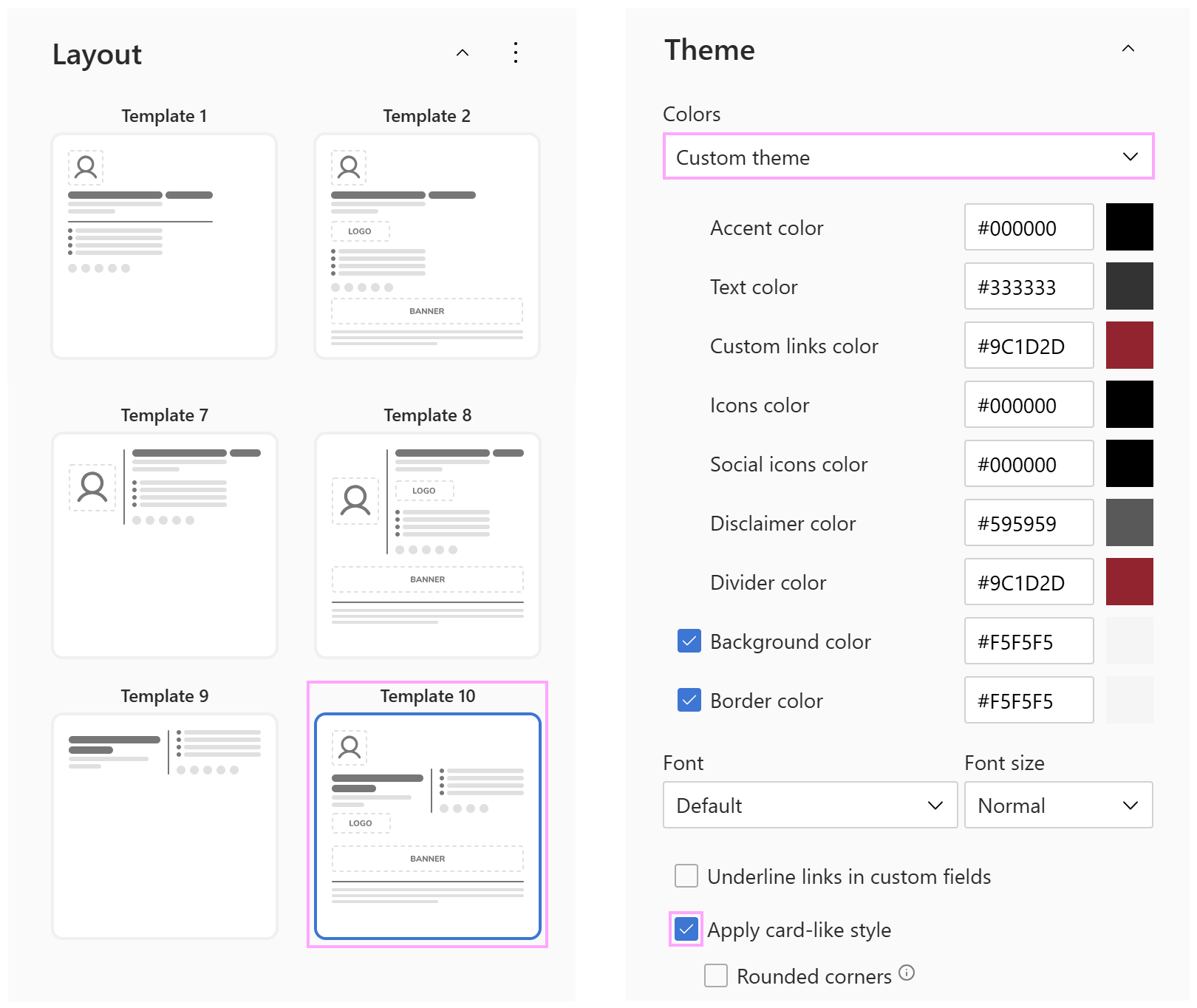 Using a feature-rich template and custom color palette for the personalized company signature.
