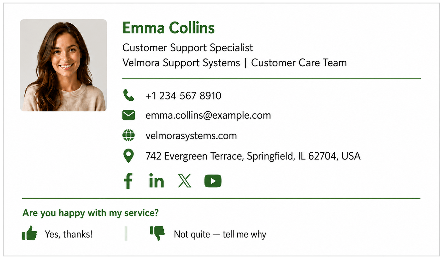 Customer Support team signature with feedback buttons