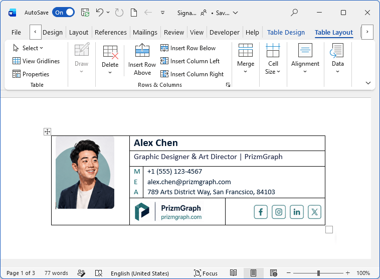 Add the logo and social icons to the signature.