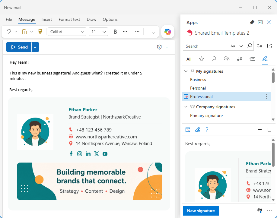 Insert the newly created signature into an Outlook email. Insert the newly created signature into an Outlook email.