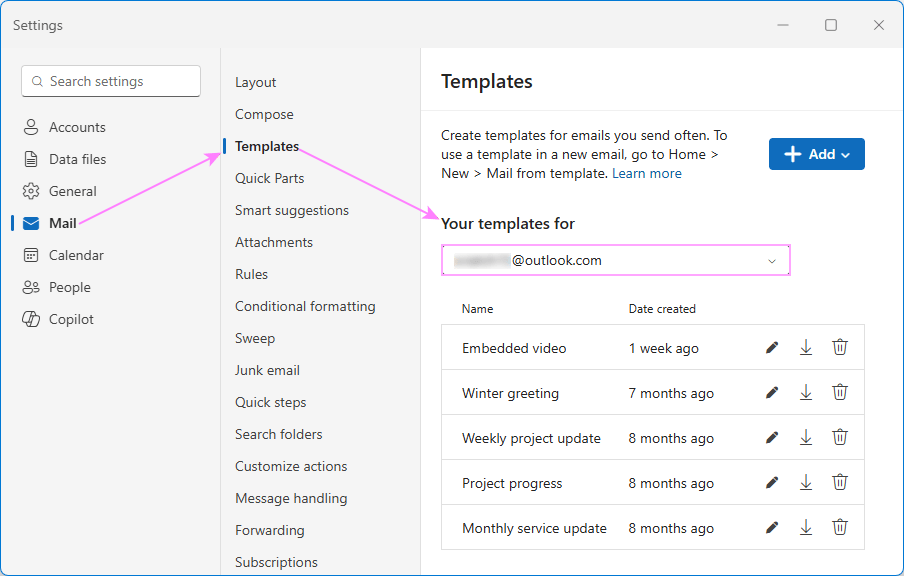 Look for email templates under the correct Outlook account. Look for email templates under the correct Outlook account.