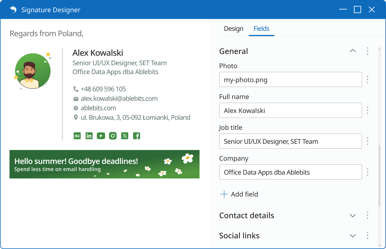 Enter your contact details into the signature template fields. Enter your contact details into the signature template fields.