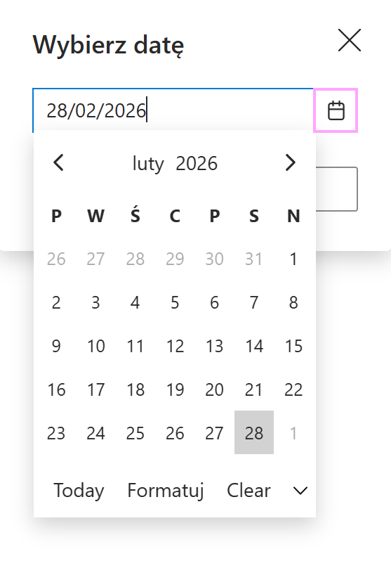 Okno dialogowe dla selektora daty Okno dialogowe dla selektora daty