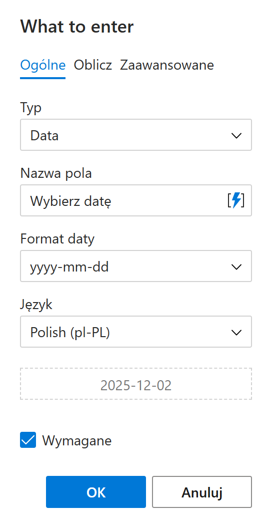 Dodaj selektor daty do szablonu.