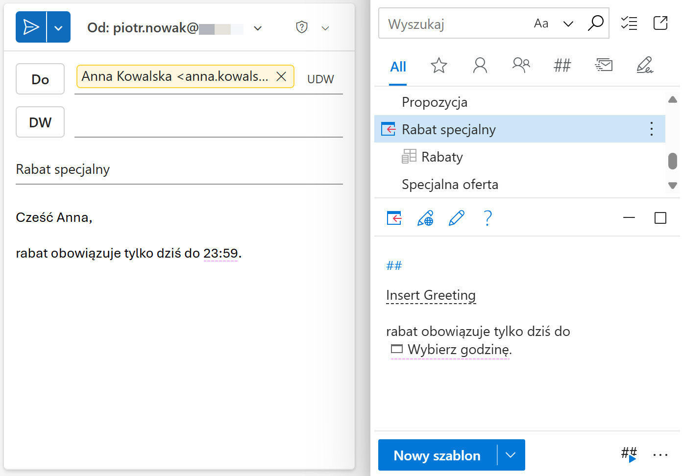 Wstawiony szablon z wybraną godziną z selektora czasu Wstawiony szablon z wybraną godziną z selektora czasu