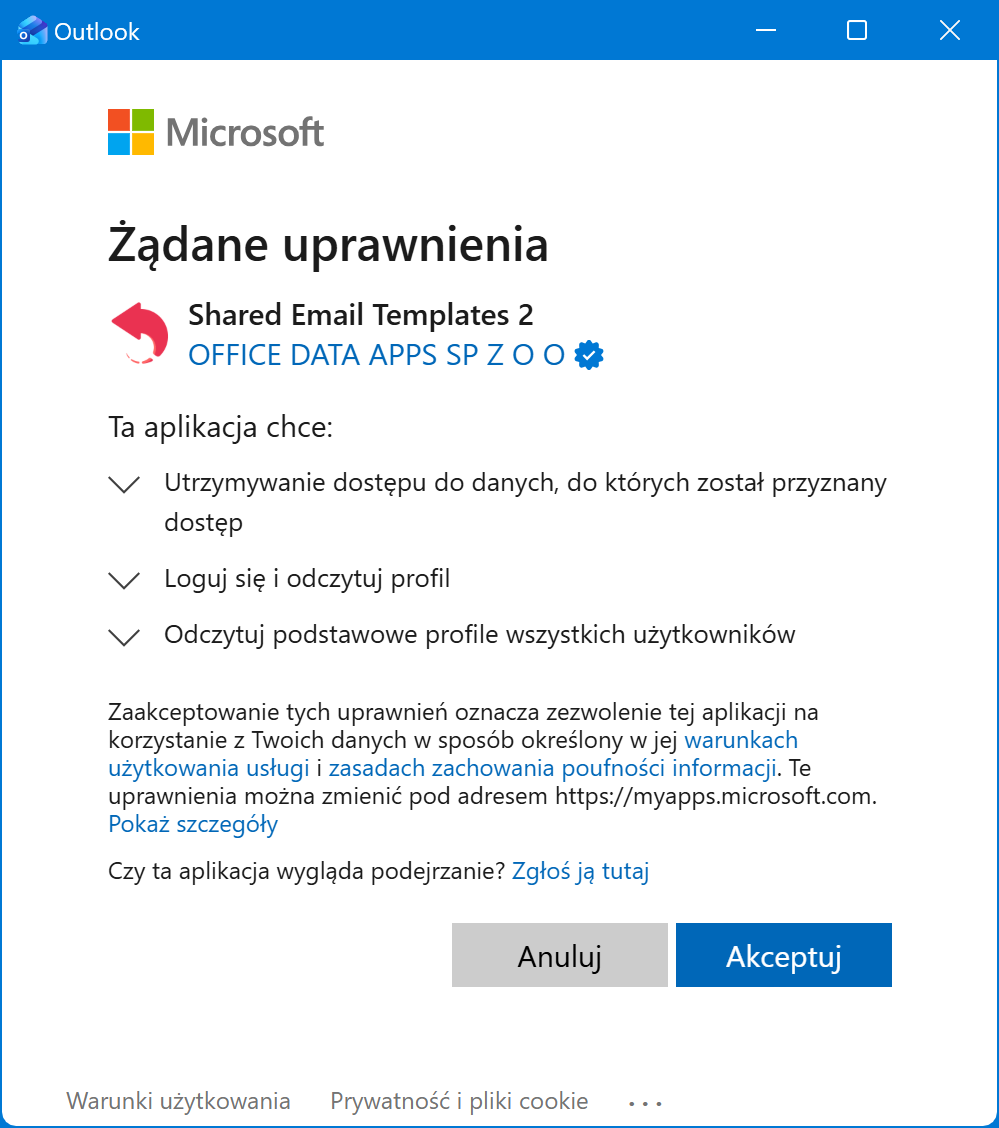 Zaakceptuj uprawnienia wymagane przez Shared Email Templates.