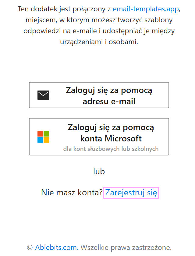 Opcja rejestracji w panelu dodatku Shared Email Templates