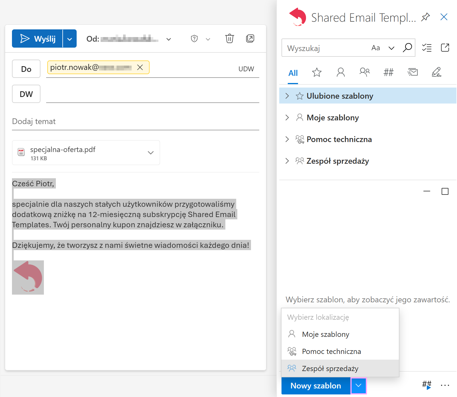 Szablon z wersji roboczej wiadomości