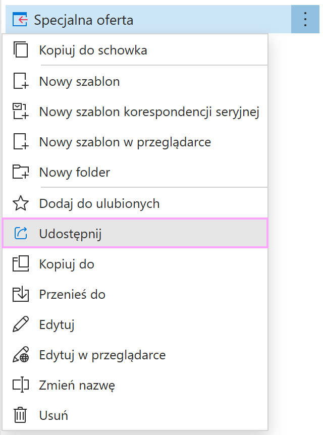 Opcja Udostępnij szablonu