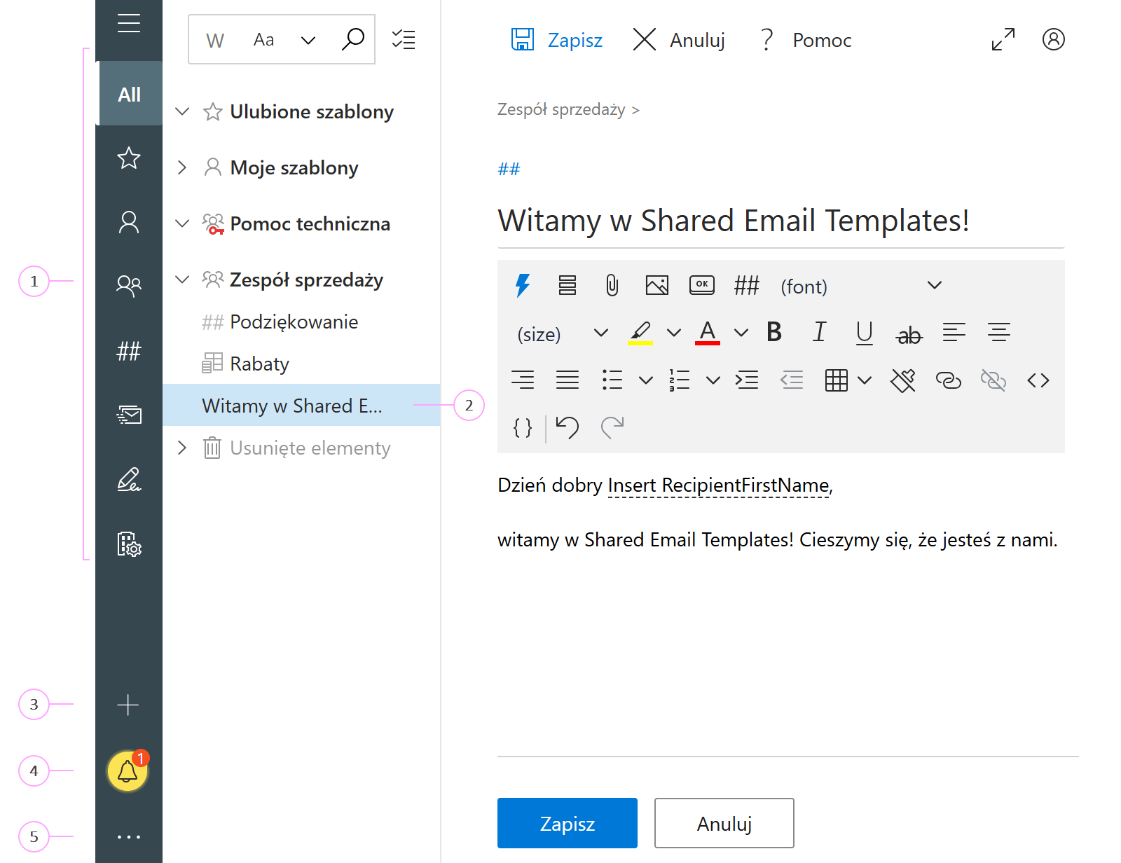 Aplikacja Shared Email Templates w przeglądarce Aplikacja Shared Email Templates w przeglądarce