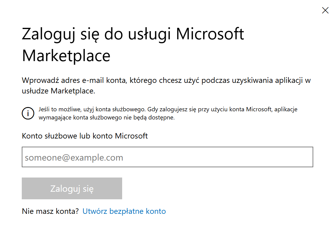 Okno logowania do Microsoft Marketplace